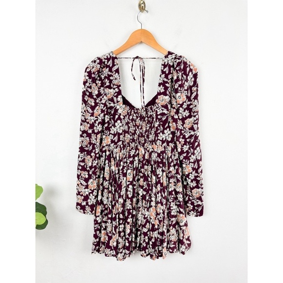 NWT Altar'd State Maroon Floral Babydoll Long Sleeve Mini Dress Sz XS - Picture 2 of 7